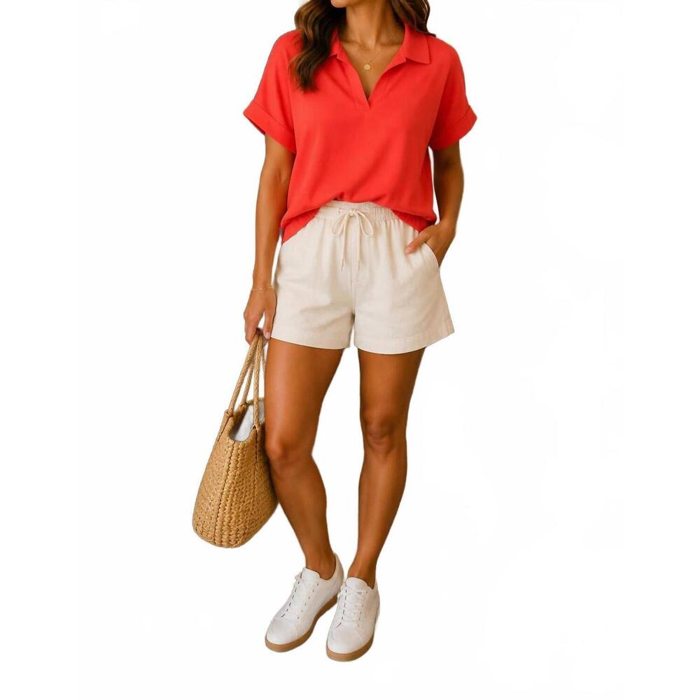 NEW YELETE relaxed collared v-neck top in orange